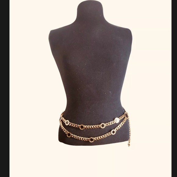 ST. JOHN GOLD & BLACK ENAMEL MEDALLION MONOGRAM CHAIN BELT - Picture 2 of 10